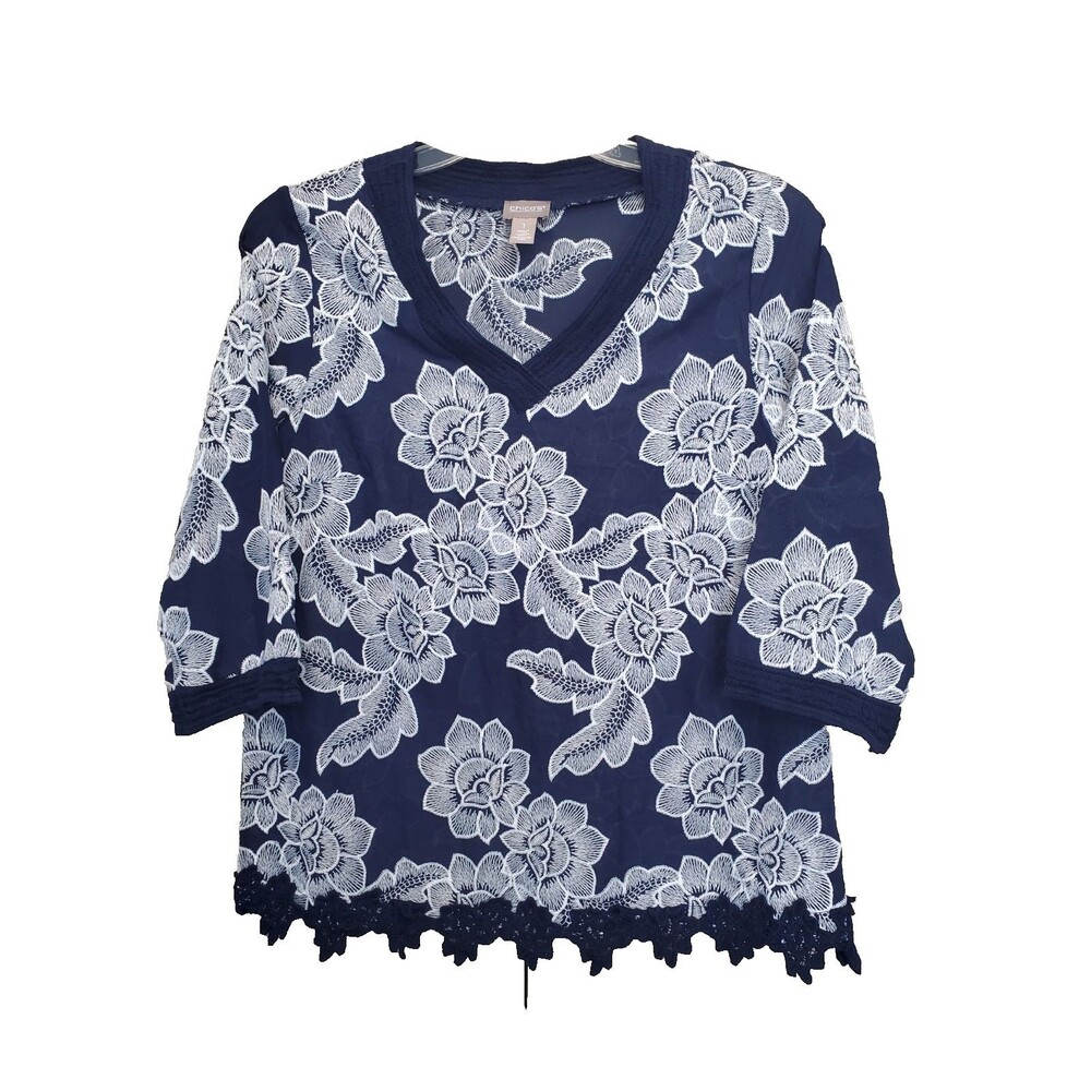 Chico's Blue Embroidered Lace Trim V-Neck Blouse Size 1 Medium